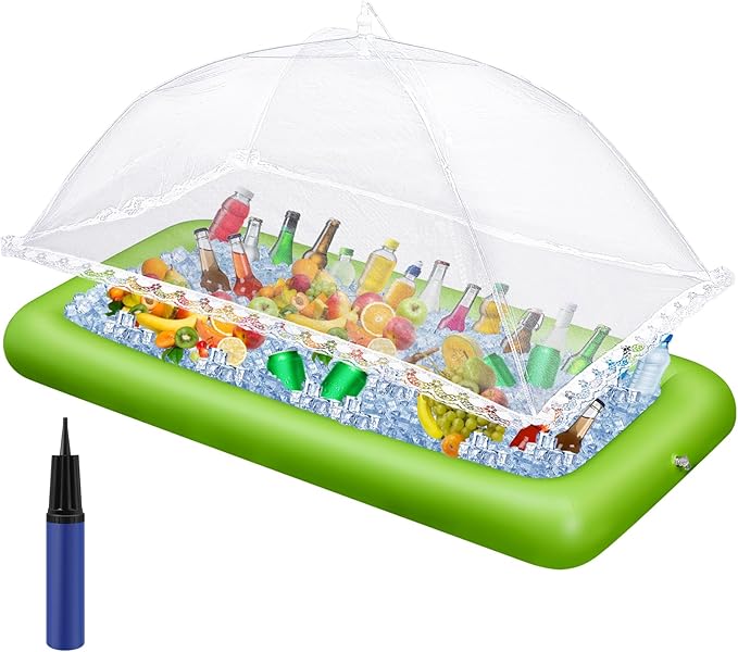 Leitee 3 Pcs Inflatable Serving Bar Kit Includes Salad Buffet Tray with Drain Plug Mesh Food Cover Food Drink Containers and Inflator for Ice Supplies Halloween Party Camping Picnic(Green)