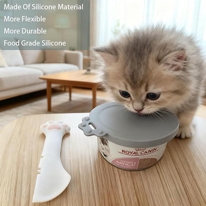 4 Pcs Pet Cans Supplies Set, Cat Food Can Lid Cover with Cute Paw Shape Opener Spatula Pet Wet Food Spoon Silicone Can Lids for Kitten Dog Cans