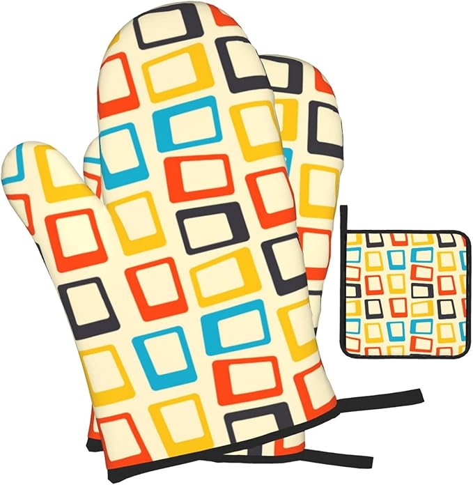 Mid Century Modern Oven Mitts and Pot Holders Sets of 3 Retro Heat Resistant Non Slip BBQ Gloves for Cooking Grilling Baking Kitchen Decor - Image 2