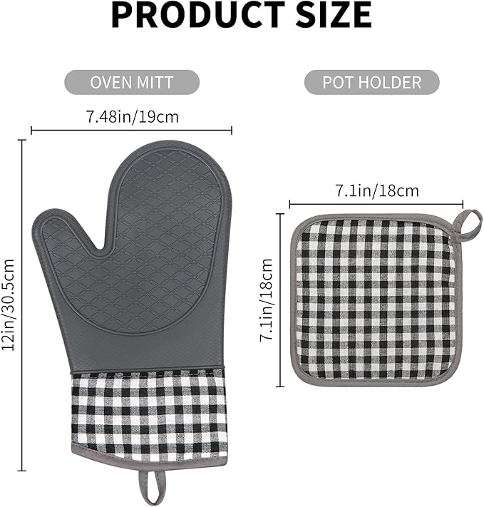 Tifanso Plaid Oven Mitts and Pot Holders 4-Piece Set, Oven Mitts Gloves Heat Resistant with Non-Slip Silicone Surface for Cooking Baking Grilling, Cotton Pot Holders Pads for Kitchen Cooking (Grey) - Image 2