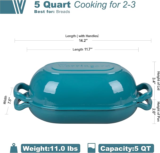 VORRINGARD Enameled Cast Iron Sourdough Bread Oven, Dutch Oven, Loaf Cast Iron Bread Pan for Homemade Bread Baking, Meatloaf Pan with Lid, 5QT, Bluegreen - Image 2