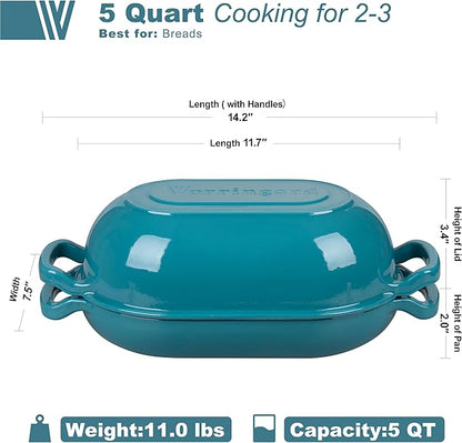 VORRINGARD Enameled Cast Iron Sourdough Bread Oven, Dutch Oven, Loaf Cast Iron Bread Pan for Homemade Bread Baking, Meatloaf Pan with Lid, 5QT, Bluegreen - Image 2