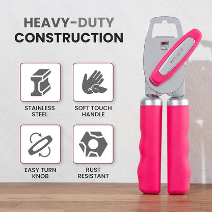 Zulay Kitchen Heavy Duty Stainless Steel Can Opener Manual with Bottle Opener - Rust Proof Manual Can Opener With Turn Knob & Comfy Soft Grip Handles - Dragonfruit - Image 3