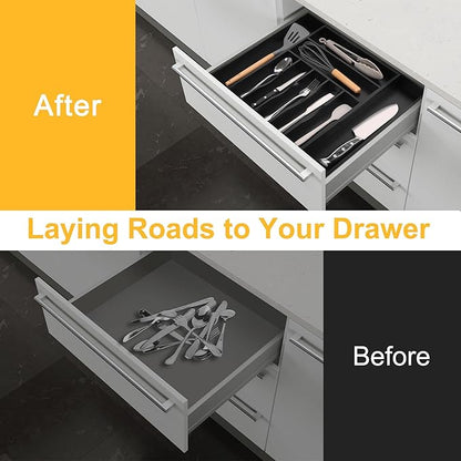 Large Premium Bamboo Silverware Organizer - Expandable Drawer Organizer & Utensil Organizer - 17"x19.7" Cutlery Tray with Dividers for Kitchen Utensils and Flatware (7-9 Slots) (Black) - Image 3