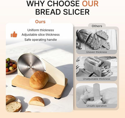 Manual Bread Slicer for Homemade Sourdough-Adjustable Thickness Bread Slicer with Hand Crank Metal Guide,Scale Line,Suction Cup,Solid Wood Base,Stainless Steel Blade for Perfect Even Slices