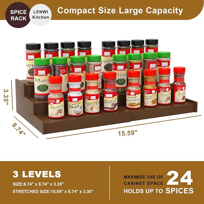 Lenwi Spice Rack Organizer for Cabinet 2 Pack, 3 Tier Expandable Bamboo Spice Storage for Kitchen Cupboard Pantry, Brown - Image 5