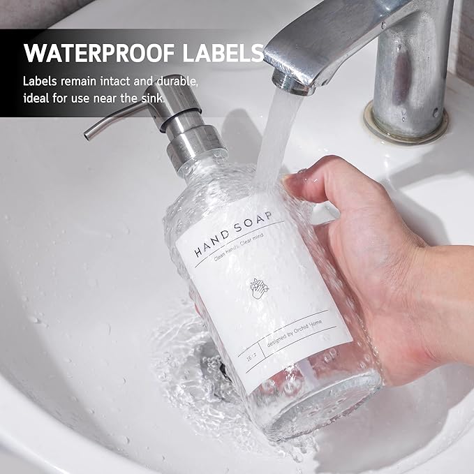[Luxury] Kitchen Soap Dispenser Set - 16OZ Clear Glass Bottle, Stainless Steel Pump, Instant Dry Tray, Waterproof Labels, Non-Slip Silicone Pad, and Dish Brush | Upgrade for Your Kitchen and Bathroom - Image 3