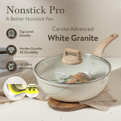 CAROTE 12Inch Nonstick Deep Frying Pan with Lid, 5.5 Qt Jumbo Cooker Saute Pan with Pour Spout, Skillet Induction Cookware, Non Stick Cooking Pan Kitchen Pan PFOA Free, White Granite - Image 7