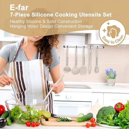 E-far Silicone Cooking Utensils Set, 7 Pcs Heat Resistant Kitchen Utensils with Stainless Steel Handle, Slotted Turner, Spoon, Soup Ladle, Pasta Server, Skimmer, Tongs for Nonstick Cookware, Khaki - Image 7