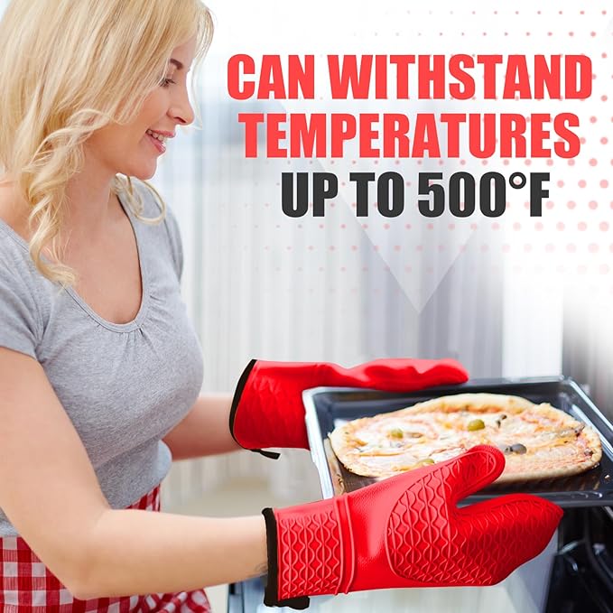 Silicone Oven Mitts, Heat Resistant 2PCS Oven Mitts with Soft Cotton Lining, Waterproof Non-Slip Grip Oven Glove, Kitchen Potholder Mits for BBQ, Baking, Cooking, 12.5 Inch - Red - Image 7