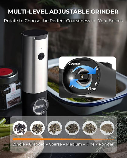 Electric Salt & Pepper Grinder Set - USB-C Rechargeable with LED Light & Charging Dock, 5 Adjustable Coarseness Settings, One-Touch Automatic Mills for Kitchen, Dining, and Gifts