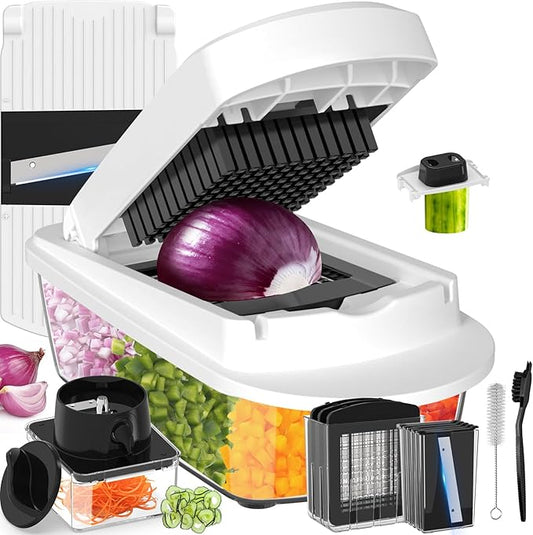 12 Blade All-in-1 Vegetable Chopper Mandoline Slicer with Container, Spiralizer with Containers, Food Chopper, Onion Chopper, Veggie Cutter for Salad, Kitchen Gadgets Accessories Essentials, White by ukeetap