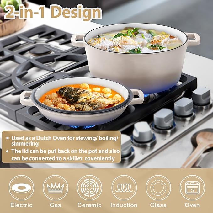 TeamFar 5 Quart Dutch Oven, 2 In 1 Enameled Cast Iron Dutch Oven Pot Cookware with Skillet Lid, for Bread Baking Braising Stewing Roasting, Sturdy & Nonstick, Oven Safe & Fit for Induction (Khaki) - Image 4