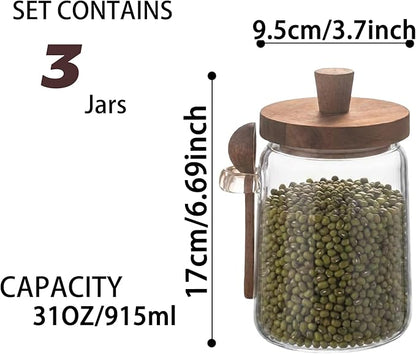 Set of 3 Glass Jars Containers with Wooden Lids and Scoop Clear Canister Jars Set with Spoon for Kitchen Food Storage Coffee Tea Sugar Decorative Countertop Organization Jars 31 oz (3) - Image 3