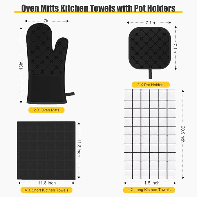 Oven Mitts Kitchen Towels Dishcloths with Pot Holders Sets 12PCS, Dish Towels Sets, Oven Gloves Pot Pads Heat Resistant 500 Degrees with Non-Slip Silicone Surface for Cooking Baking Grilling Black - Image 2