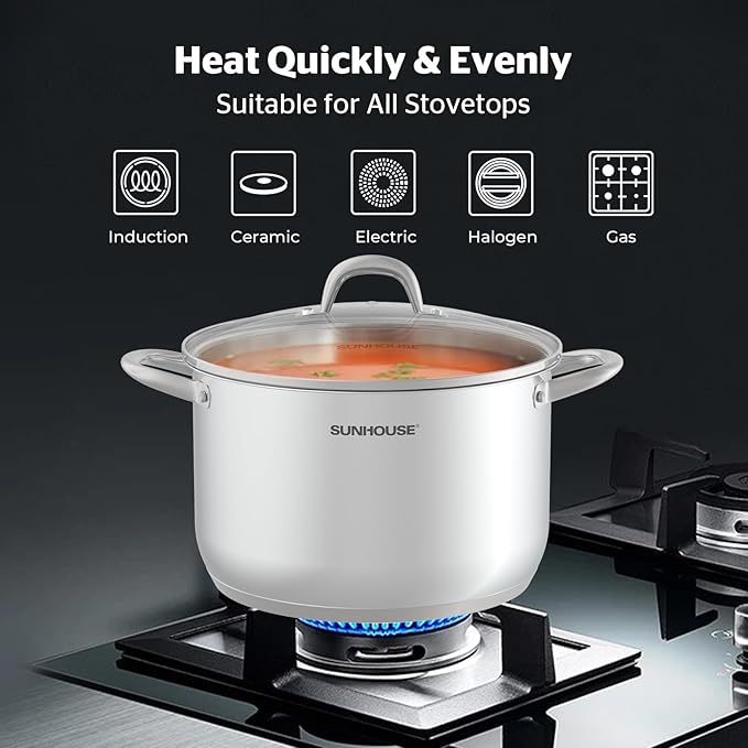 SUNHOUSE Stainless Steel Stock Pot - 11 Quart Heavy-Duty Induction Cooking Pot with Visible Lid for Pasta, Soup, Spaghetti - Nonstick Thick-Bottom Deep Stockpot for Canning, Boiling, and Simmering - Image 6