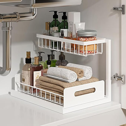 REALINN Under Sink Organizer, Pull Out Cabinet Organizer 2 Tier Slide Out Sink Shelf Cabinet Storage Shelves, Under Sink Storage for Kitchen Bathroom Cabinet, White, 1 Pack by REALINN