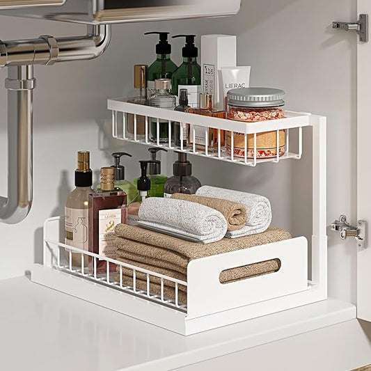 REALINN Under Sink Organizer, Pull Out Cabinet Organizer 2 Tier Slide Out Sink Shelf Cabinet Storage Shelves, Under Sink Storage for Kitchen Bathroom Cabinet, White, 1 Pack by REALINN