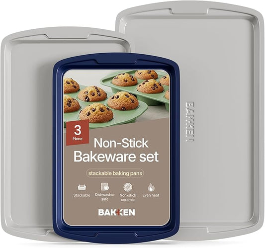 Bakken Swiss Cookie Sheet 3 Piece Set - Non-Stick, Stackable Baking Pans, Deluxe Ceramic Coating – Dishwasher Safe - for Home Baking by Unknown