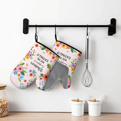Funny Oven Mitts & Pot Holder Set, Heat Resistant Silicone Oven Mitts, Humorous Baking Gifts for Couple, Birthday Mother's Day Housewarming Gift for Family, New Homeowners