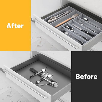 Kitchen Bamboo Silverware Organizer, Kitchen Drawer Organizer - Utensil Holder and Cutlery Tray with Grooved Drawer Dividers for Flatware 7 Slot, Grey - Image 2