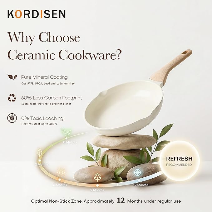 Kordisen Ceramic Nonstick Frying Pan Skillet Set with Lid, 3 Piece Ceramic Pans for Cooking Non Toxic, Healthy Induction Cookware, Stay-Cool Handle, PFOA & PFAS Free (9.5 Inch, 11 Inch, 12.5 Inch) - Image 3