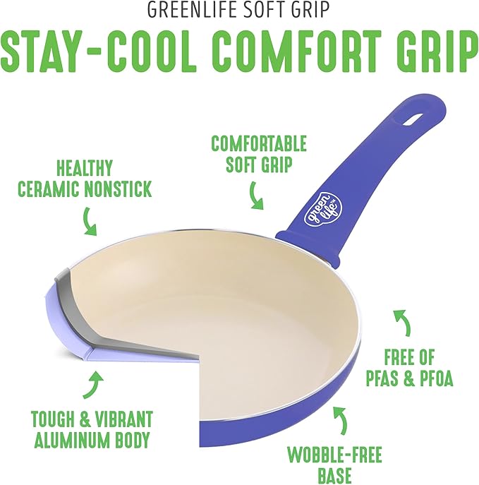 GreenLife 16 Piece Nonstick Cookware Set, Soft Grip Non-Toxic PFAS-Free Ceramic Pots & Pans, Dishwasher & Oven Safe, Frying, Sauce, Utensils, Glass Lids, Stay-Cool Handles, Wobble Free, Periwinkle - Image 4