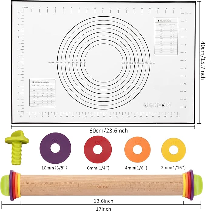 Rolling Pin with Thickness Rings and Pastry Baking Mat, 13.6" Adjustable Wooden Rolling Pin Dough Roller for Baking Cookie Pizza, Comes with Large Silicone Pastry Mat, Kitchen Baking Tools - Image 7