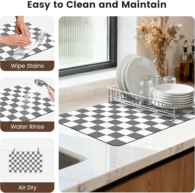 16" x 24" Checkered Dish Drying Mat for Kitchen Counter, Absorbent Coffee Bar Mat for Espresso Machine Coffee Countertops Accessories, Grey - Image 7