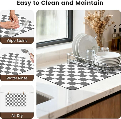 12" x 20" Checkered Dish Drying Mat for Kitchen Counter, Absorbent Coffee Bar Mat for Espresso Machine Coffee Countertops Accessories, Grey - Image 7