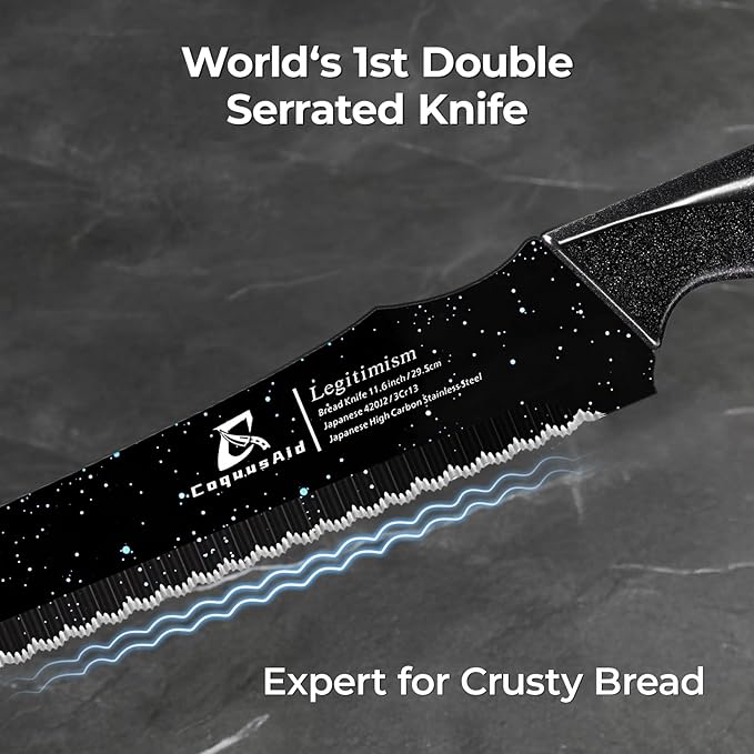 CoquusAid Upgrade Bread Knife for Homemade Bread, World‘s 1st Double Serrated Knife for Crusty Sourdough, 11.6 Inch Stainless Steel Bread Slicer, Professional Sourdough Cutter, Ideal Gift, Black - Image 2