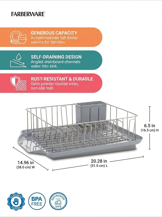 Farberware Classic 3-Piece Dish Drying Rack Set for Kitchen Counter, Gray - Rust-Resistant Wires, Self-Draining Board, Flatware Caddy, Non-Slip Feet - Image 3