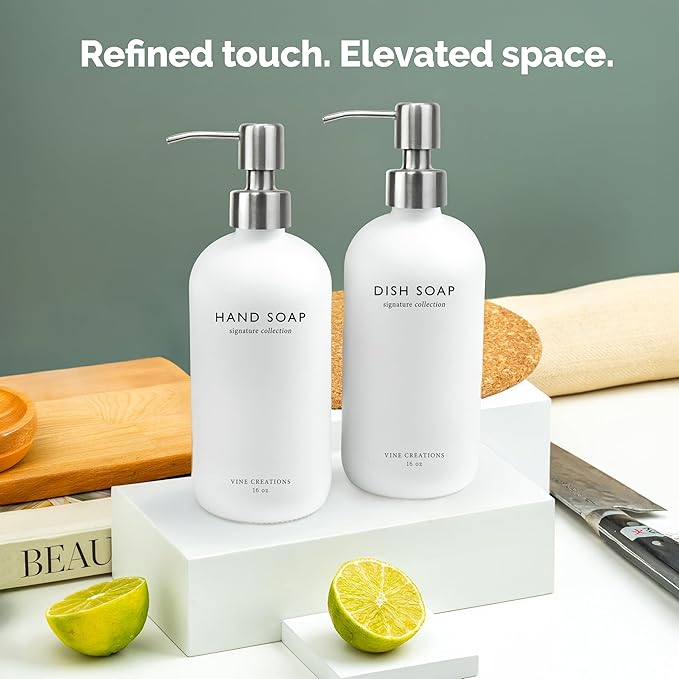 Vine Creations White Glass Soap Dispenser Set, Dish Soap and Hand Soap Dispenser Set with Stainless Steel Pump, 16 oz Glass Dispensers for Kitchen or Bathroom Decor (Matte White Bottle/Silver) - Image 6