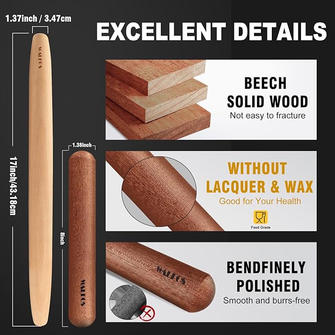Walfos French Rolling Pin Set - Natural Wooden Rolling Pins (8inch, 15.7inch), Baking Dough Roller for Pizza, Pie, Pasta, Bread, Pastry, No Coating - Image 3