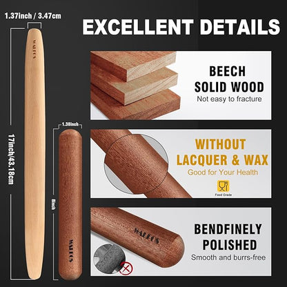 Walfos French Rolling Pin Set - Natural Wooden Rolling Pins (8inch, 15.7inch), Baking Dough Roller for Pizza, Pie, Pasta, Bread, Pastry, No Coating - Image 3