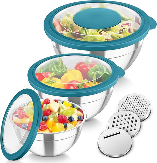 TeamFar Mixing Bowls, 3PCS Stainless Steel Serving Salad Bowls with Lids & 3 Graters, For Kitchen Mixing/Baking/Storing/Prepping, Visible & Airtight, Easy Clean - 4.5/3 / 1.5 QT, Dark Blue by TeamFar