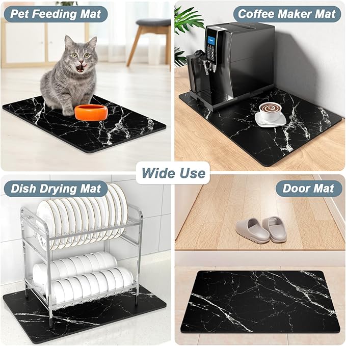 Rnivvi Coffee Mat, 16" x 24" Cute Marble Style Coffee Bar Mats for Espresso Machine Station Accessories and Organizer, Hide Stain Rubber Backed Absorbent Dish Drying Pad for Kitchen Counter, Black - Image 7