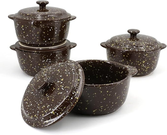 10 Oz Ceramic Mini Cocotte Set 4-Pack, Oven Safe Stoneware Casserole Dishes with Lids Handles, Individual Ramekins for Baking Soufflé Soup Cobbler,Brown
