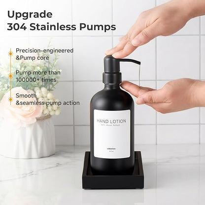 2 Packs Glass Soap Dispenser Set for Kitchen, Hand and Dish Soap Dispenser with Stainless Steel Pump & Resin Tray, Rental-Modern Refillable Countertop Soap Dispenser for Kitchen Hotels,Matte Black