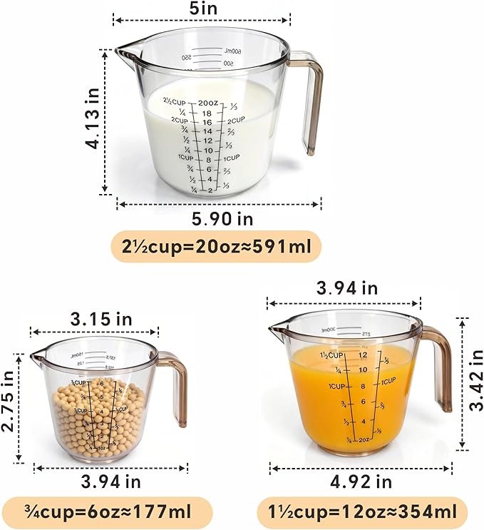 Measuring Cups Set, 3PCS with Pour Spout & Handle, Multi-Scale (cup | oz | ml) Stackable Liquid & Dry Plastic Measuring Tools for Baking Cooking, Essential Kitchen Gadgets (Coffee Brown) - Image 2
