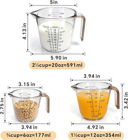 Measuring Cups Set, 3PCS with Pour Spout & Handle, Multi-Scale (cup | oz | ml) Stackable Liquid & Dry Plastic Measuring Tools for Baking Cooking, Essential Kitchen Gadgets (Coffee Brown) - Image 2