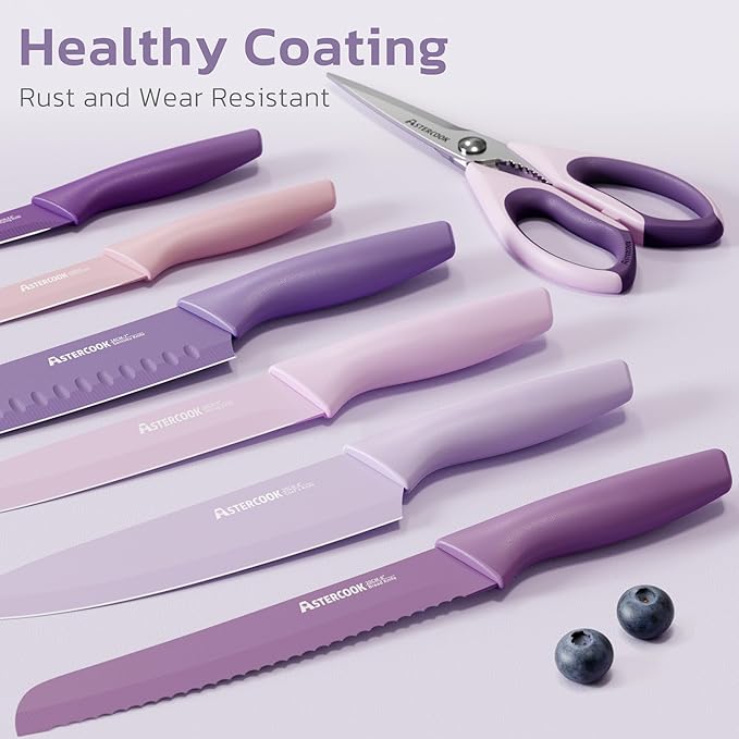 Astercook Knife Set, 13 Pieces Kitchen Knives Set with Healthy Anti-Rust Coating, Dishwasher Safe, Stainless Steel Chef Knife Sets with 6 Blade Guards, Perfect Mothers Day Gifts for Kitchen Purple - Image 2