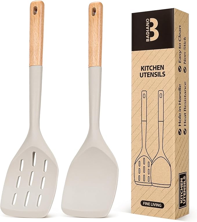 Pack of 2 Silicone Spatula, Non Stick Cooking Utensil Set Wooden Handle Kitchen Turner for Baking Mixing Grilling Serving Food Heat Resistant Non Scratch Hooks Included (Khaki) by BADIANO