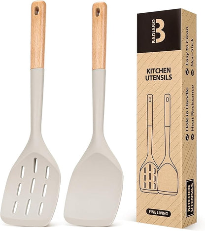 Pack of 2 Silicone Spatula, Non Stick Cooking Utensil Set Wooden Handle Kitchen Turner for Baking Mixing Grilling Serving Food Heat Resistant Non Scratch Hooks Included (Khaki) by BADIANO