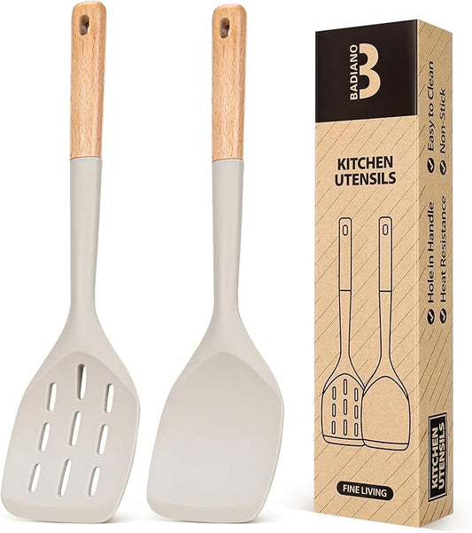 Pack of 2 Silicone Spatula, Non Stick Cooking Utensil Set Wooden Handle Kitchen Turner for Baking Mixing Grilling Serving Food Heat Resistant Non Scratch Hooks Included (Khaki) by BADIANO