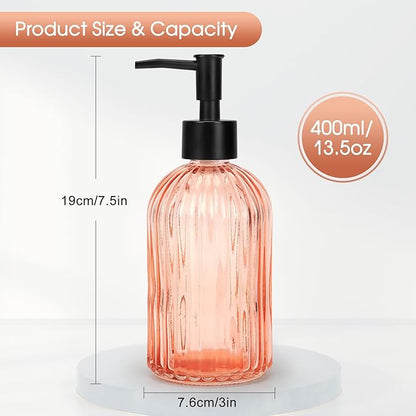 Topsky Stripe Glass Soap Dispenser with Black Plastic Pump, 400ml Liquid Hand Soap Dispenser, Rustproof Pump for Kitchen & Bathroom, Great for Lotions, Essential Oil, Liquid Soaps-Pink Orange - Image 4
