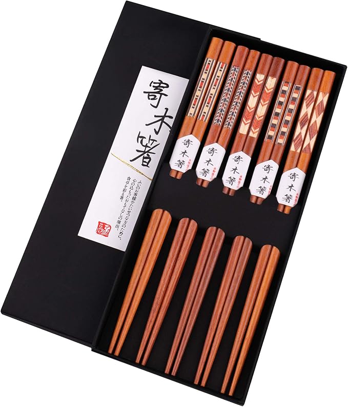 GLAMFIELDS Reusable Chopsticks Japanese Natural Wooden 5 Pairs Classic Style Lightweight Safe Chop Sticks 8.8 Inch/22.5cm Gift Set by GLAMFIELDS