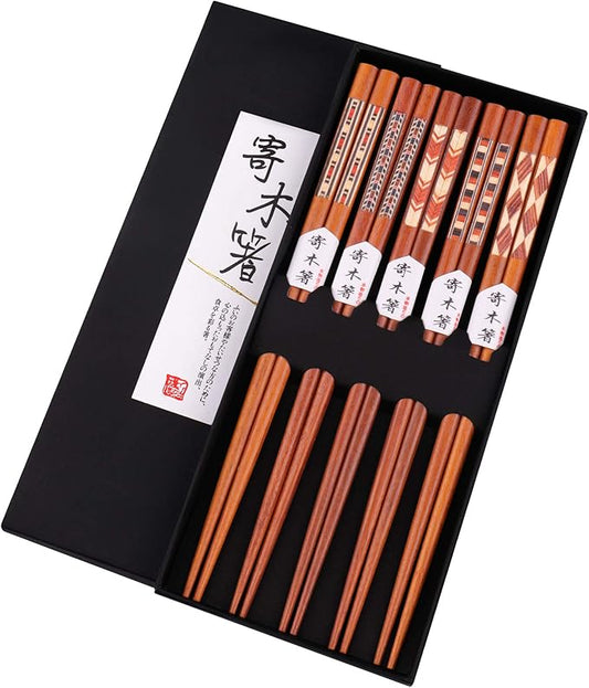 GLAMFIELDS Reusable Chopsticks Japanese Natural Wooden 5 Pairs Classic Style Lightweight Safe Chop Sticks 8.8 Inch/22.5cm Gift Set by GLAMFIELDS