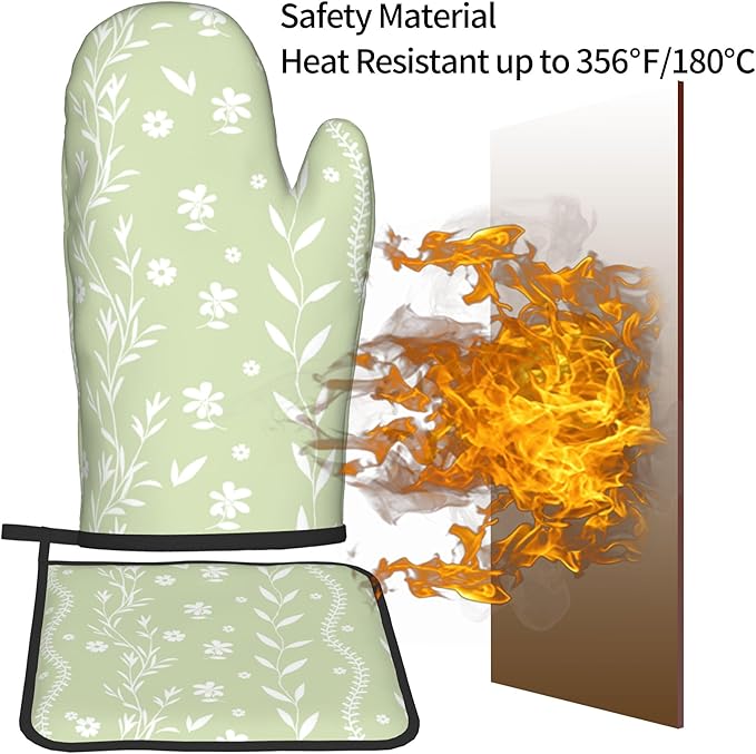 Sage Green Oven Mitt Pot Holder Set Floral BBQ Cooking Gloves Farmhouse Botanical Baking Grilling Kitchen Gifts for Spring Summer - Image 5