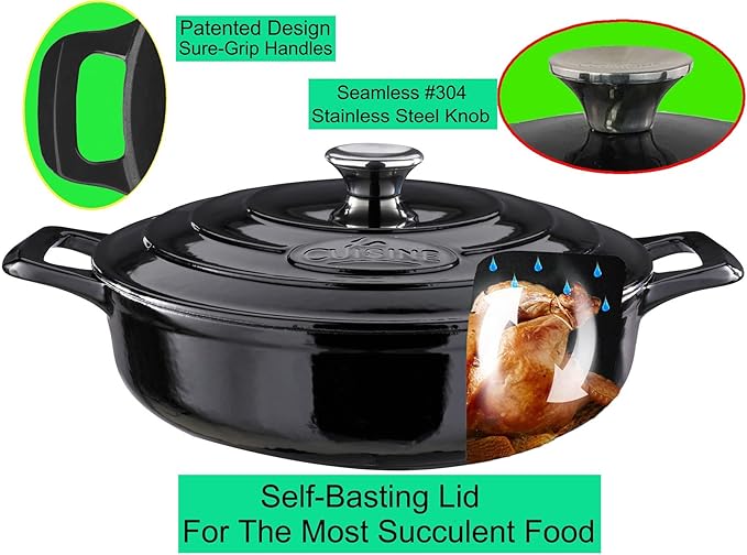 La Cuisine Enameled Cast Iron Braiser Sauté Pan Shallow Casserole with lid, 3.75 Quart 11" Dia. Matt Black Enamel Coating Interior, Glossy Black Exterior, Oven Safe, Induction Cooktop Compatible